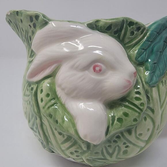 Vintage Bunny Lane By Strata White Rabbit Green Cabbage Easter Tea Pot W/ Lid - Picture 15 of 16